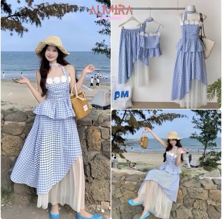 Set 2 dây kẻ ca rô xanh