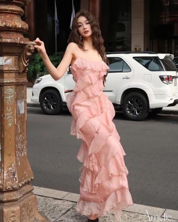 Đầm 2 dây bèo hồng size S