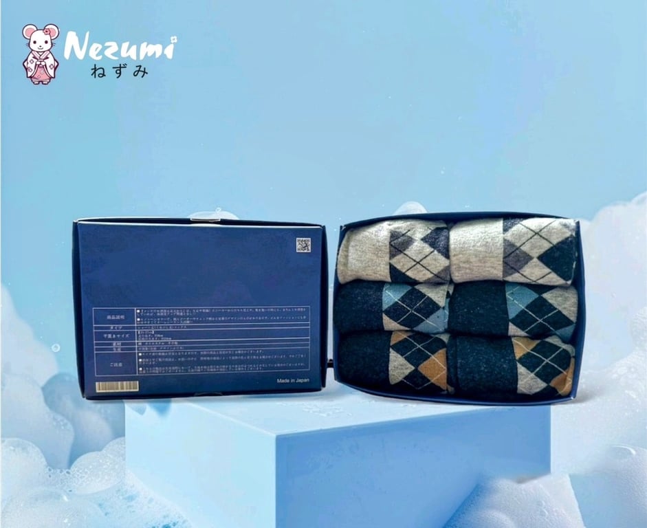 Combo Hộp 6 đôi tất cổ cao mềm mịn, kháng khuẩn có hoạ tiết trám nezumi Nhật Bản
