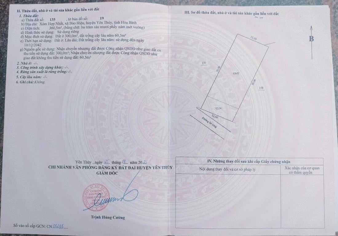 360m2 có 300m đất ở tại xã Bảo Hiệu, Yên Thuỷ, Hoà Bình