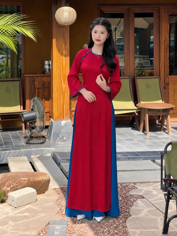 AD gấm đỏ cổ tròn viền xanh (S->XXXL)
