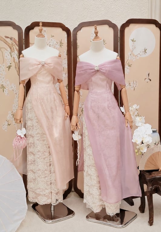 AD trễ vai nơ hồng lót ren S/M/L