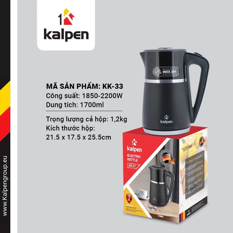 Ấm Đun Nước Siêu Tốc 3 Lớp Kalpen KK33, 1.7L-2200W