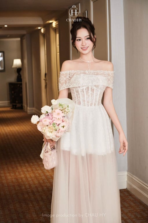 Đầm đi tiệc ren trễ vai/ cúp ngực Châu Hy