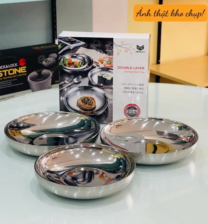 SET 3 ĐĨA 2 LỚP INOX CHÂN KHÔNG CÁCH NHIỆT NHẬT BẢN Double G inox 304 (Size 18cm+20cm)