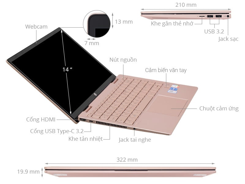Laptop HP Pavilion X360 14-ek1047TU 80R25PA (Intel Core i7-1355U | 16GB | 512GB | Intel Iris Xe | 14 inch FHD | Cảm ứng | Win 11 | Vàng)