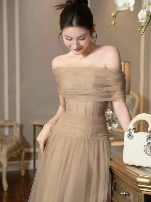 TD1 Váy ren trễ vai gọng dáng dài