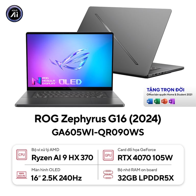 Laptop Asus Gaming ROG Zephyrus G16 GA605WI-QR090WS (AMD Ryzen AI 9 HX 370 | RTX 4070 8GB | 16 inch WQXGA | 32 GB | 1 TB | Win 11)