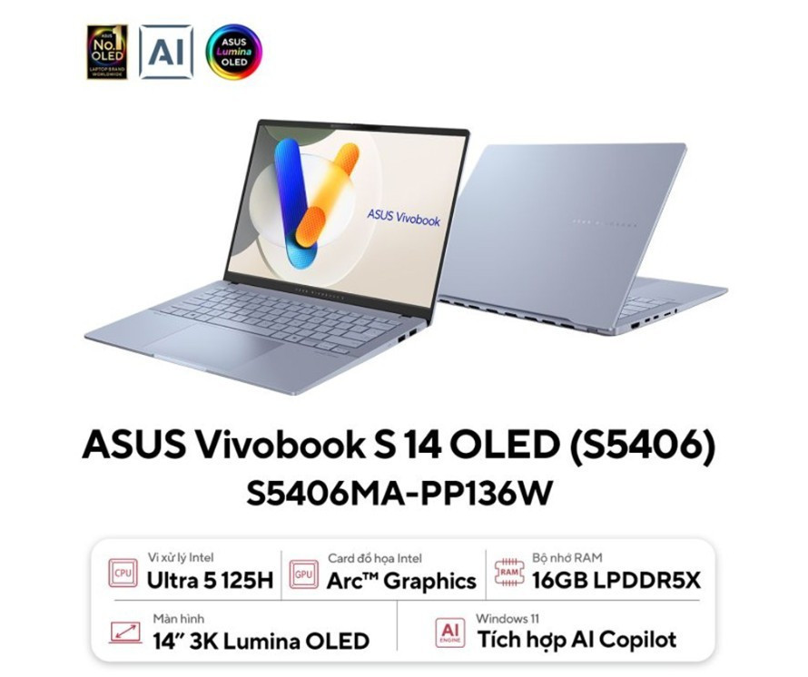 Laptop Asus S5406MA-PP136W (Core U5-125H/ 16GB/ 1TB SSD/ UMA/ 14" 3K/ AX+BT/ Win 11/)