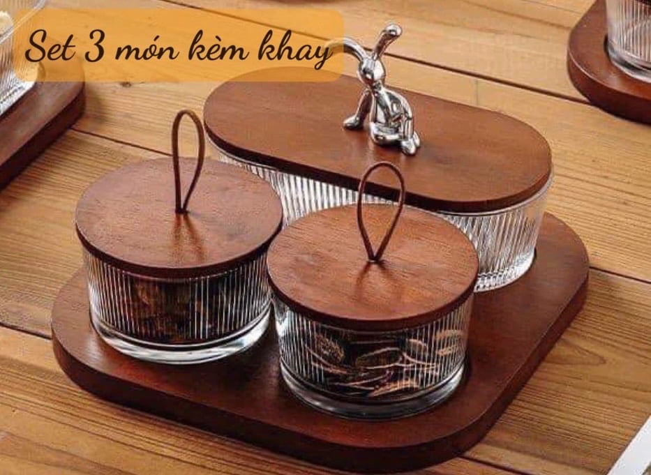 Set_hũ_đựng hạt kèm khay gỗ vintage nắp thỏ siêu xinh