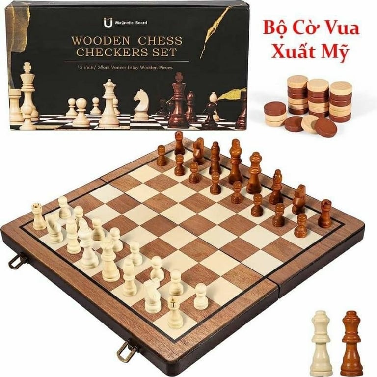 BỘ CỜ VUA XUẤT MỸ GỖ SỒI - CÓ HÚT NAM CHÂM SIZE M 39cm x 39cm