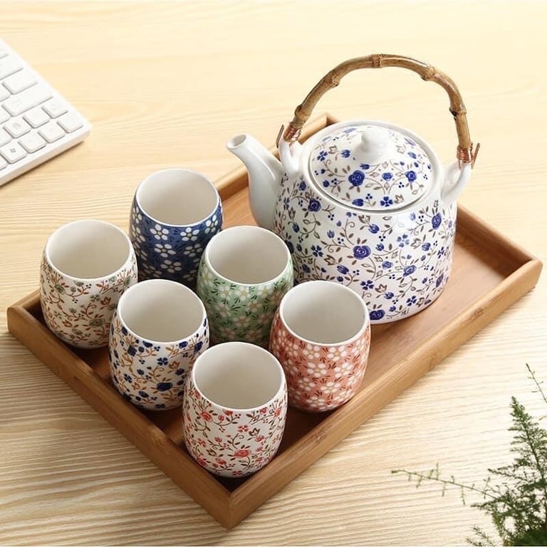 Set ấm pha trà kèm khay trúc hoạ tiết hoa nhí siêu xinh