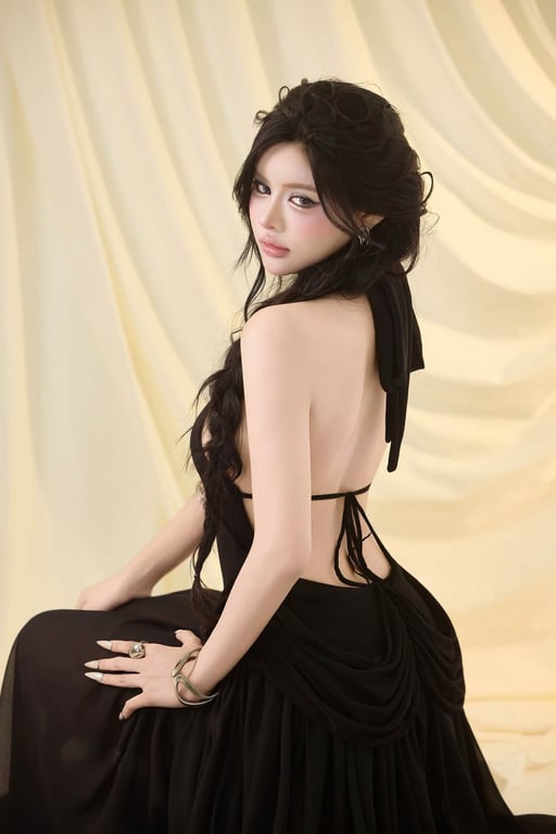 Đầm maxi cổ yếm phối tùng brand G.U