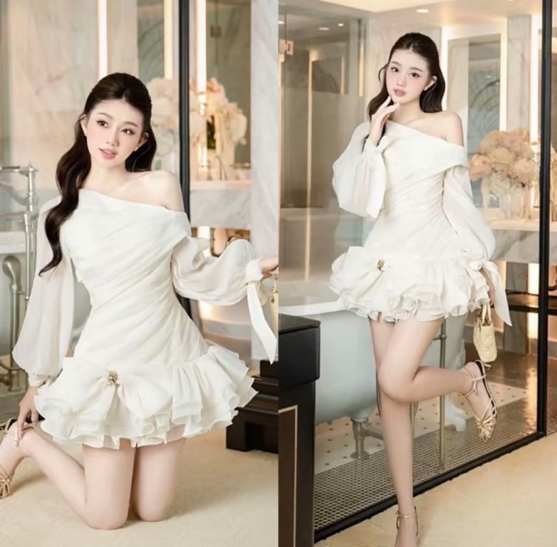 Váy nơ tay lệch vai