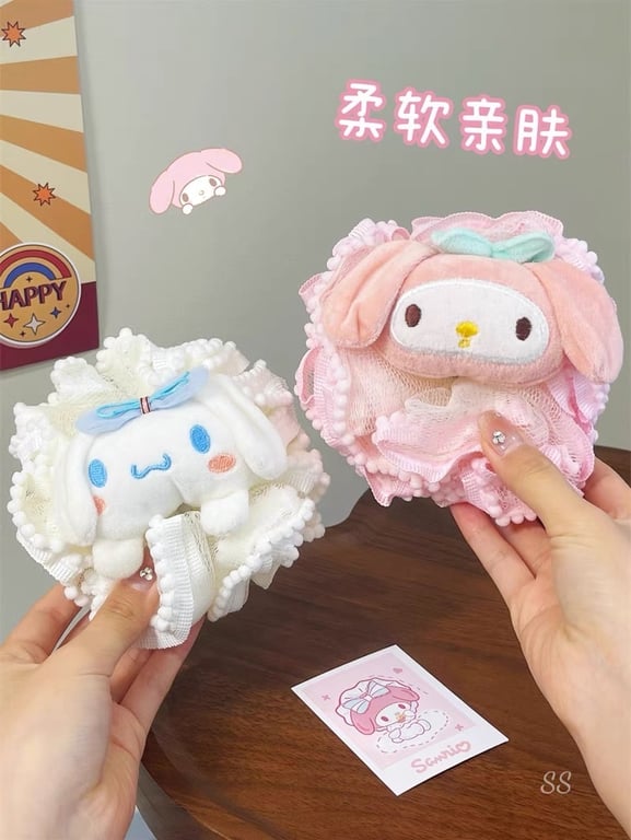 Bông Tắm Tạo Bọt Vải Lưới Hình Thú Nhồi Bông Kuromi - Melody - Cinnamoroll - Pochacco Bông Tắm Tẩy Tế Bào Chết