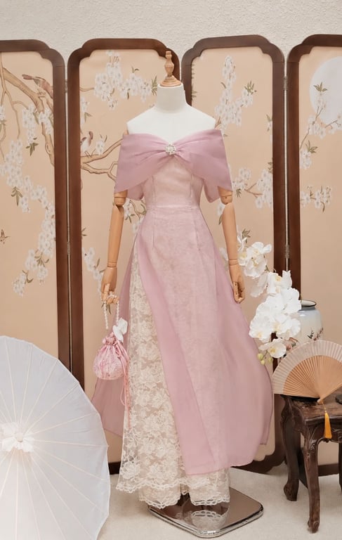 AD trễ vai nơ hồng lót ren S/M/L