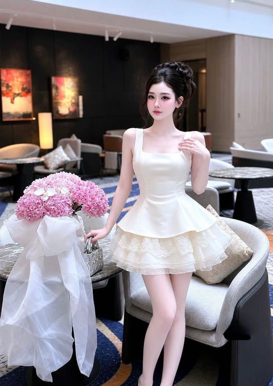 Váy 2 dây chân bồng phối ren nơ