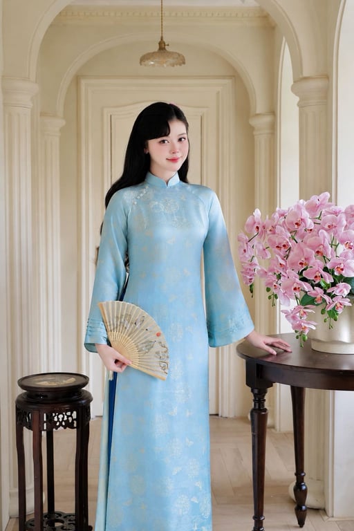 AD lụa tằm xanh biển tay xếp ly (S->XXL)