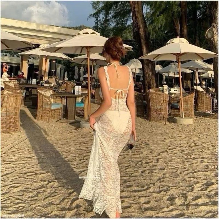 Set bikini ba món ĐẦM MIDI body ren trắng kèm bikini