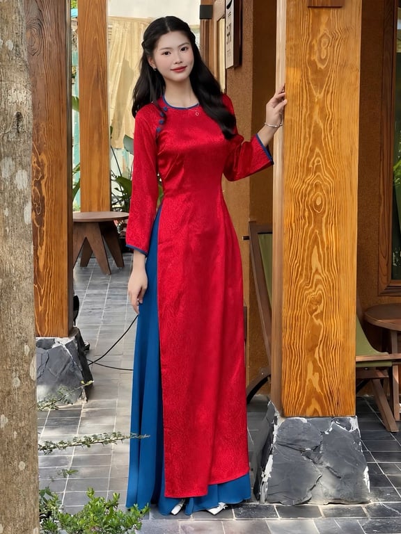 AD gấm đỏ cổ tròn viền xanh (S->XXXL)