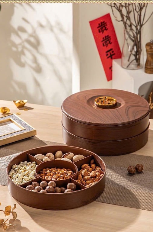 KHAY MỨT TẾT MÈO THẦN TÀI – CHỮ PHÚC – MÀU GỖ SANG TRỌNG