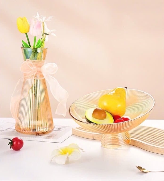 SET LỌ HOA + KHAY TRÁI CÂY THỦY TINH ĐẾ CAO ÁNH VÀNG HỔ PHÁCH