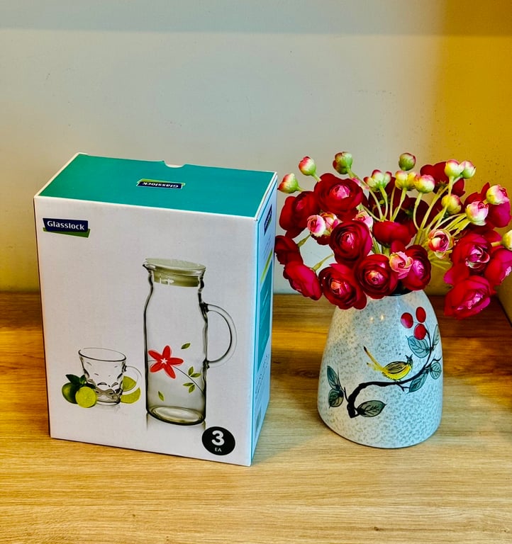 BỘ BÌNH KÈM 2 CỐC THUỶ TINH CƯỜNG LỰC HÀN QUỐC GLASSLOCK 1000 + 280ML🥂GL1614