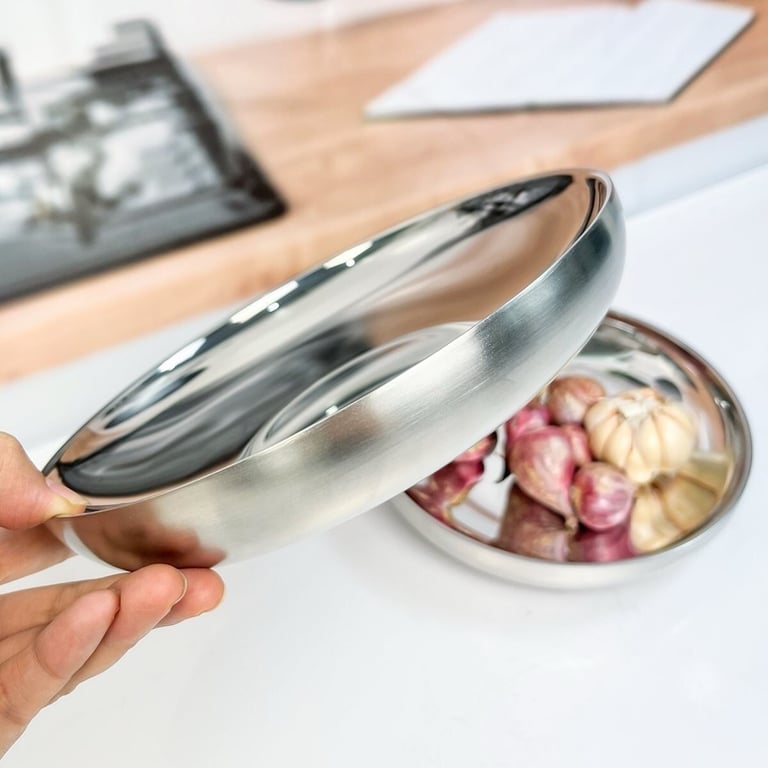 SET 3 ĐĨA 2 LỚP INOX CHÂN KHÔNG CÁCH NHIỆT NHẬT BẢN Double G inox 304 (Size 18cm+20cm)