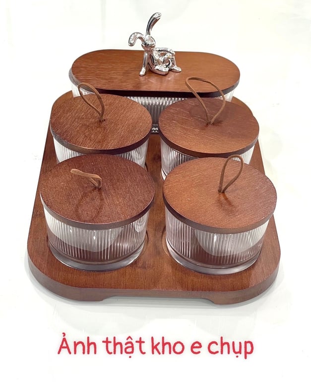 Set_hũ_đựng hạt kèm khay gỗ vintage nắp thỏ siêu xinh