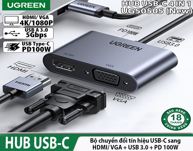 Cáp Chuyển Đổi USB Type-C to HDMI/VGA/Sạc PD 4K30Hz Ugreen 50505