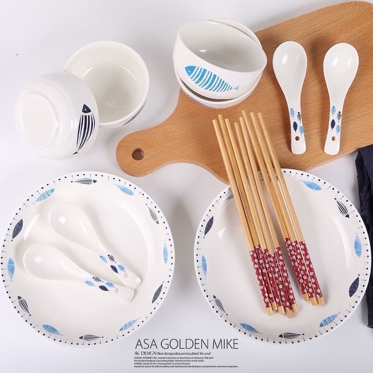 BỘ BÁT ĐĨA HOẠ TIẾT 14 MÓN PHONG CÁCH NHẬT BẢN