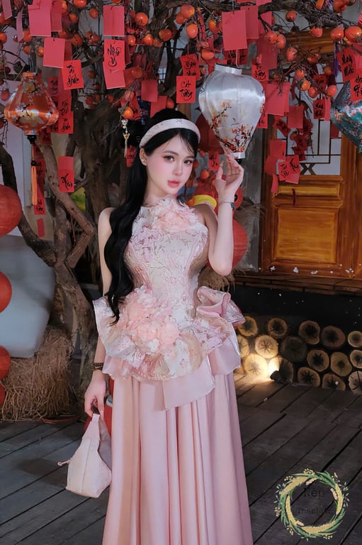 Set yếm gấm 2 tầng bèo hồng S/M