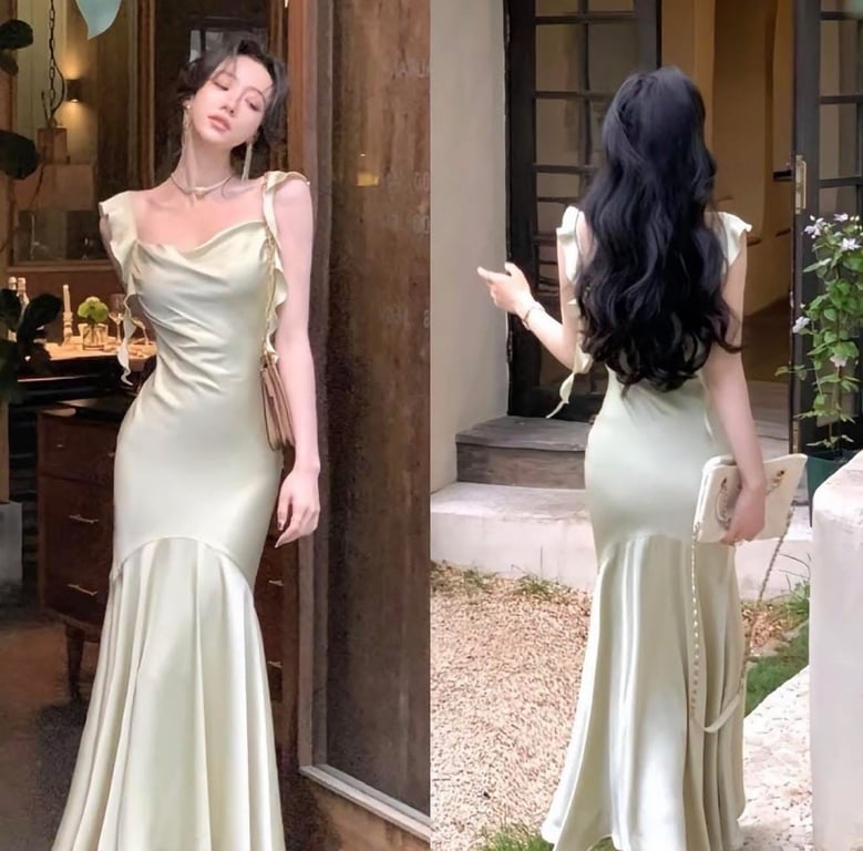 Váy lụa dài xanh bơ - DT301