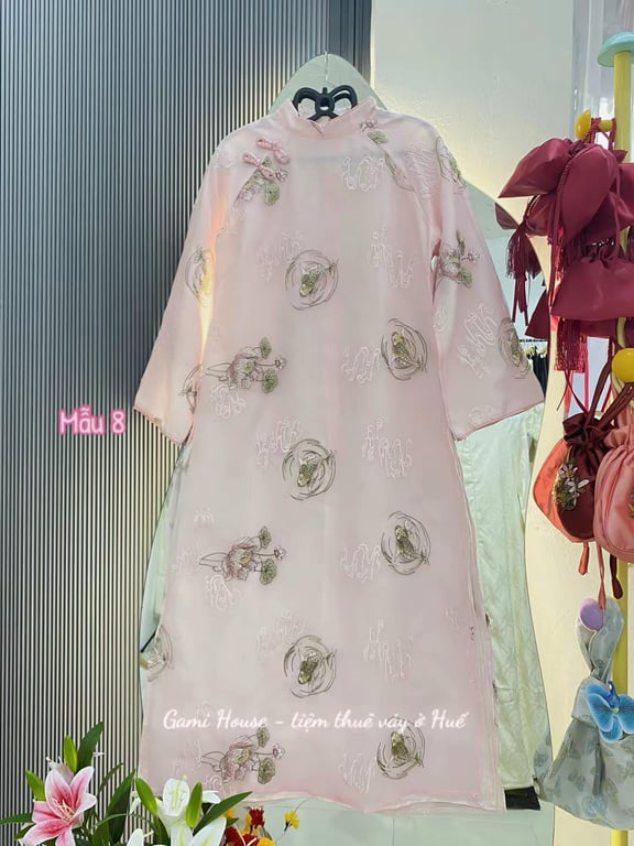 Áo dài voan thêu viền hồng 4 tà - freesize