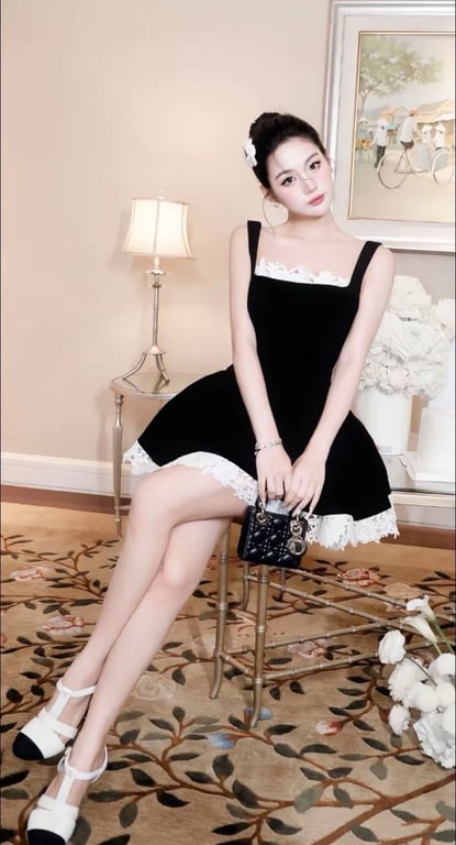 Váy đen 2 dây phối ren lưng nơ - sz M