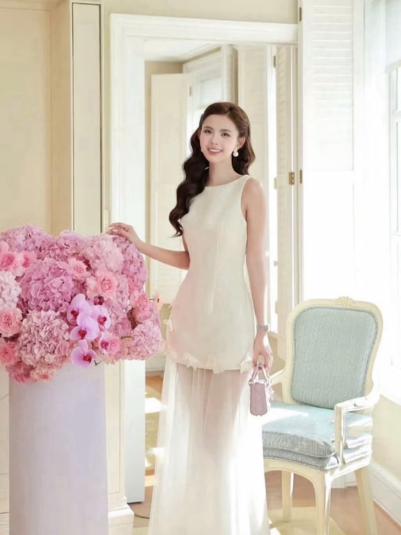 Đầm dự tiệc dáng dài voan phối hoa