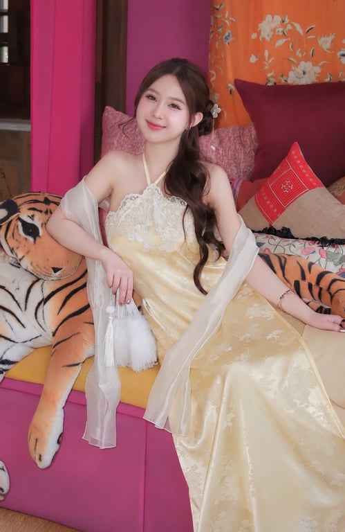 AD yếm lụa viền ren vàng kèm khăn S/M