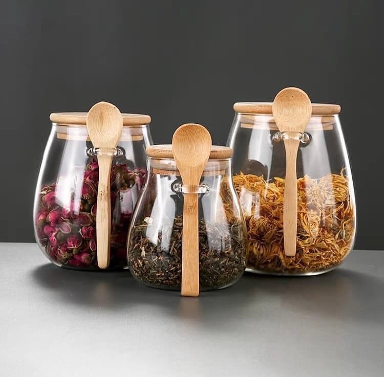 Set 3 Hũ đựng trà nắp gỗ kèm thìa