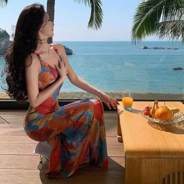 Đầm maxi thắt lưng họa tiết nhiệt đới