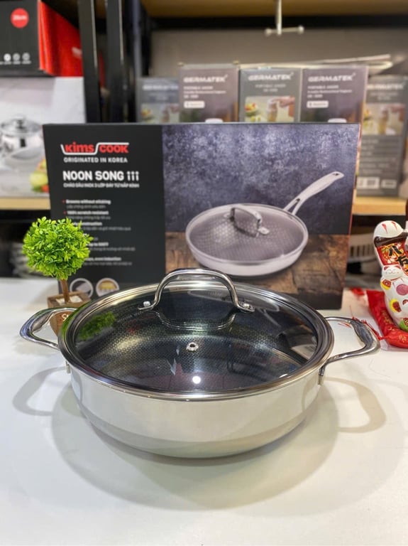 Chảo Blackcube inox 3 lớp đáy từ nắp kính chống dính Kims Cook 26cm