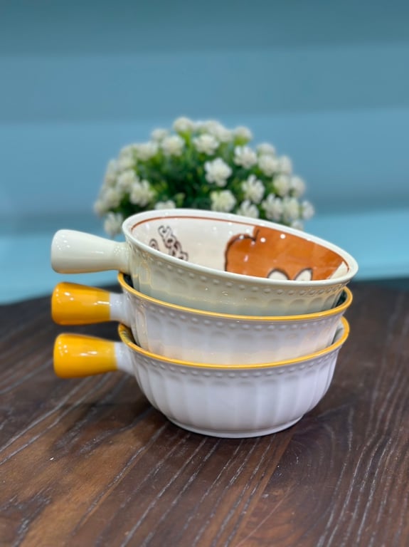 Set 3 tô sứ tròn thổ cẩm có tay cầm 15cm