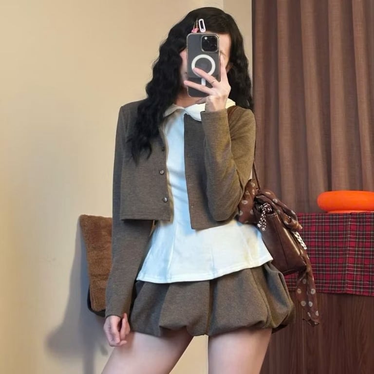Set 3 Áo Cadigan Mix Áo Sơ Mi Cổ Sen Phối Chân Váy Bí