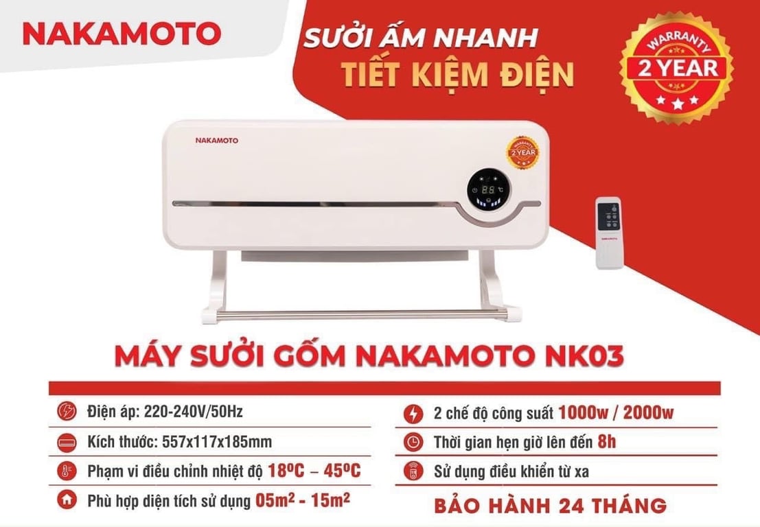 Máy sưởi gốm Nakamoto NK03 có điều khiển-