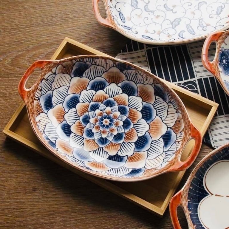 Đĩa sứ 2 quai tai cá phong cách Nhật Bản