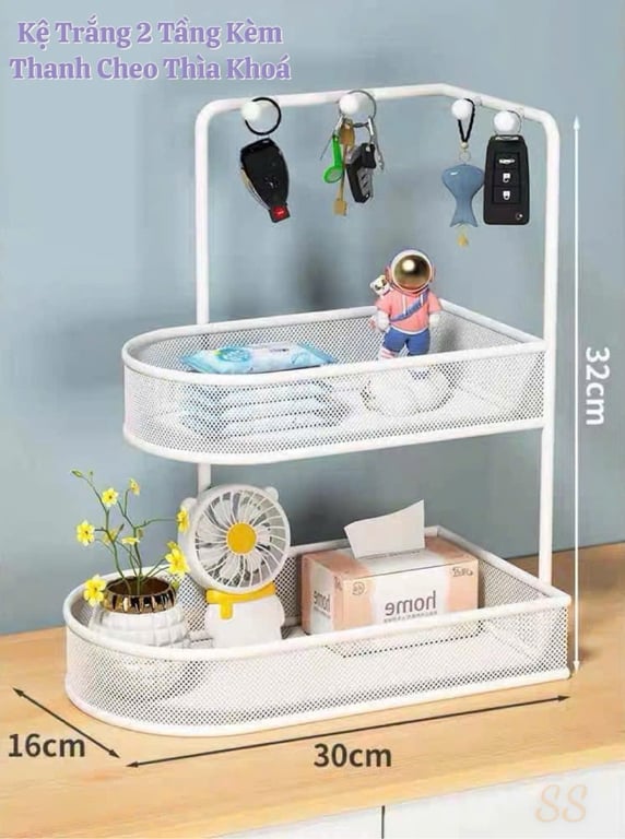 Kệ Inox 2 Tầng Có Thanh Cheo Kèm 5 Móc Tiện Lợi , Có Khay Mắt Cáo Đựng Đồ Đa Năng 📌