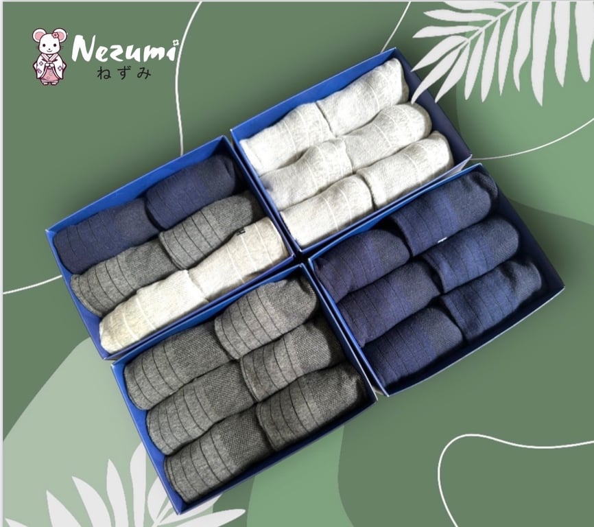 Combo Hộp 6 đôi tất cổ cao mềm mịn, kháng khuẩn có hoạ tiết trám nezumi Nhật Bản