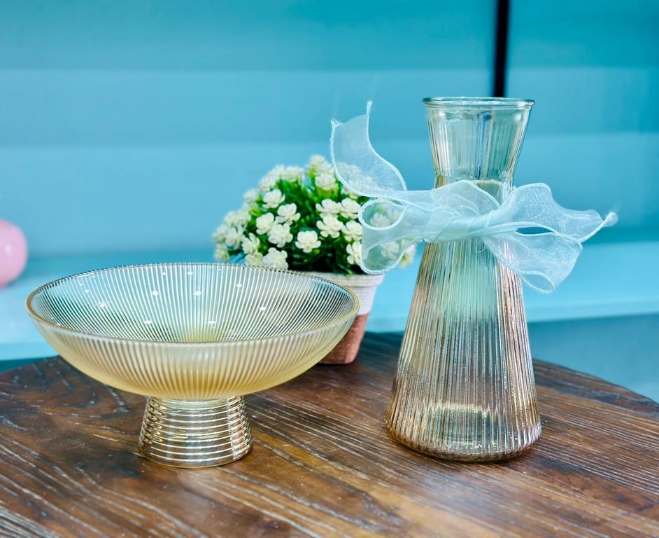 BỘ ĐÔI LỌ HOA + KHAY TRÁI CÂY THỦY TINH