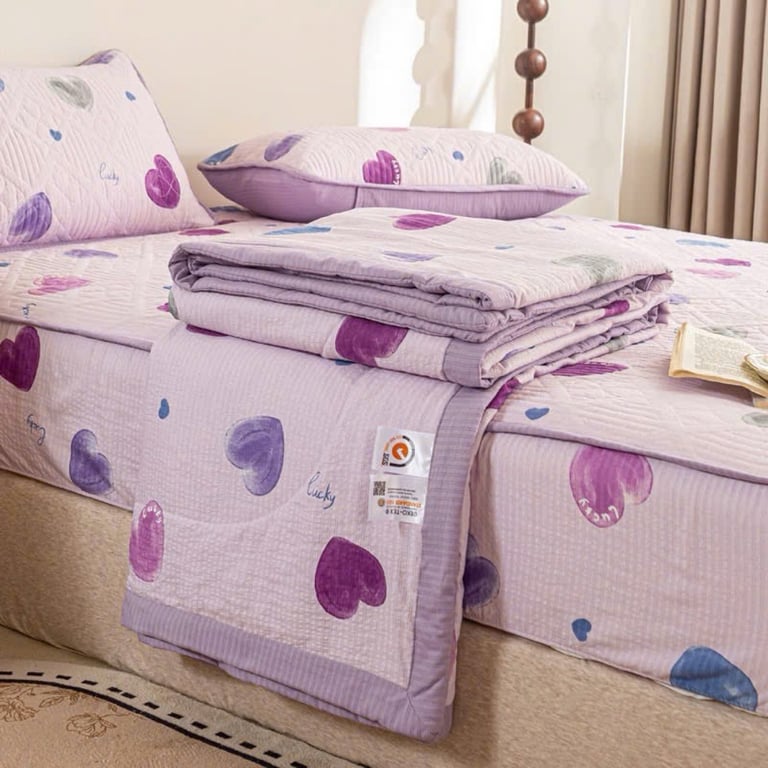 Set Chăn ga gối trần bông micro mềm mại, êm ái, hoạ tiết trái tim