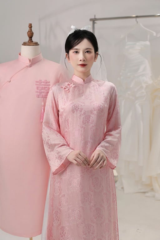 Áo dài dâu hồng suông gấm nha xá thọ dơi