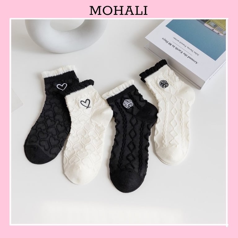 Set 5 tất nữ cổ thấp viền ren Họa Tiết Trái Tim Phong Cách Hàn Quốc Dễ Thương #MC29